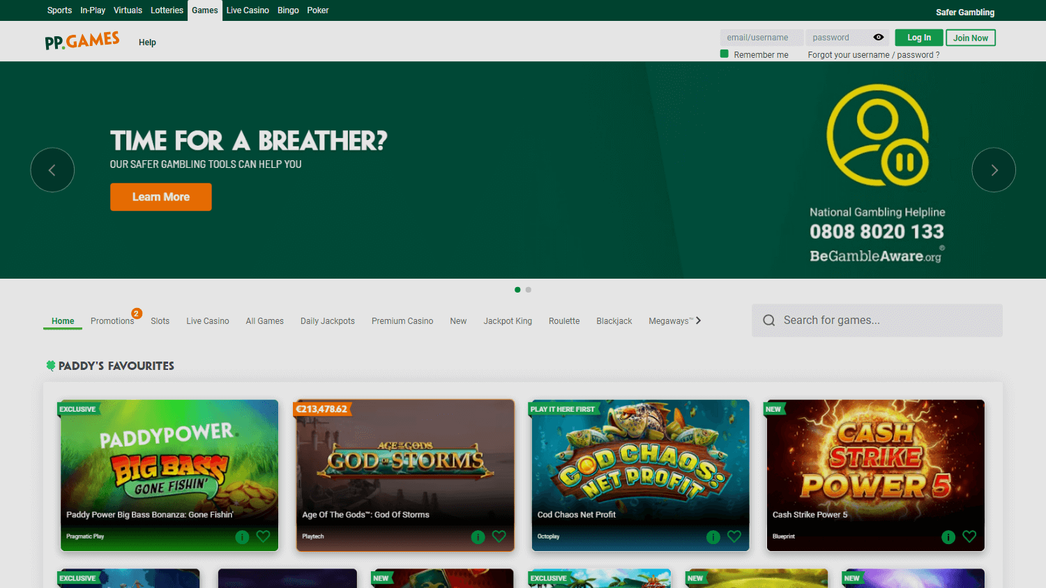 Paddy Power Games homepage screenshot